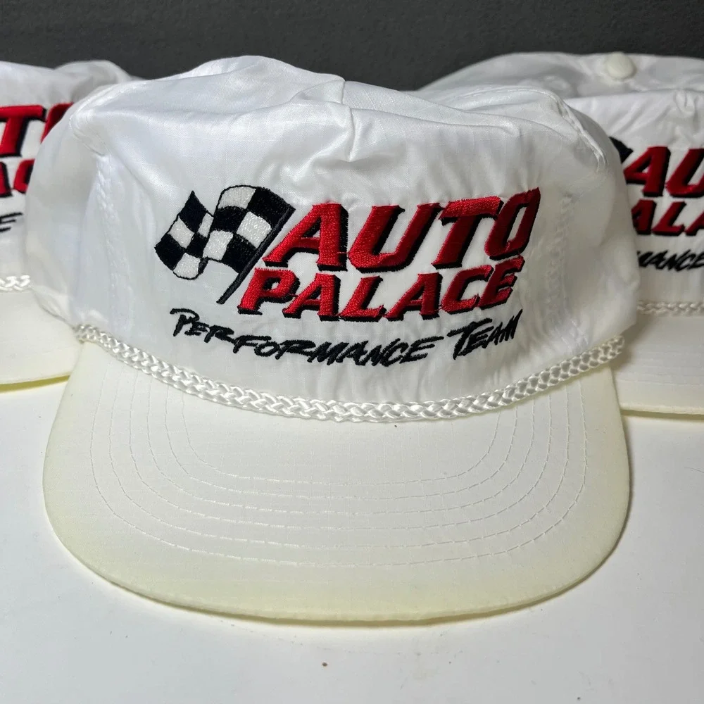 Lot of 3 Vintage Auto Palace Racing Hats White Nylon Snapback Ocean Caps USA